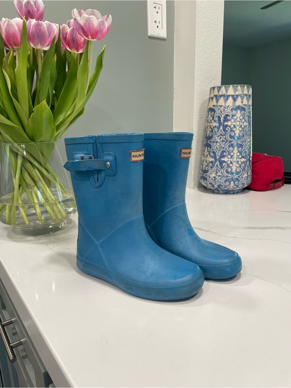 Hunter Blue Mid-Calf Kids Rain Boots with Side Buckle